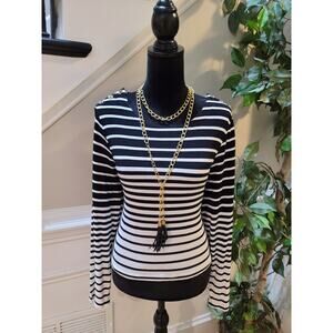 Calvin Klein Blouse Women's XL Black White Striped Gold Button Shoulder Pullover
